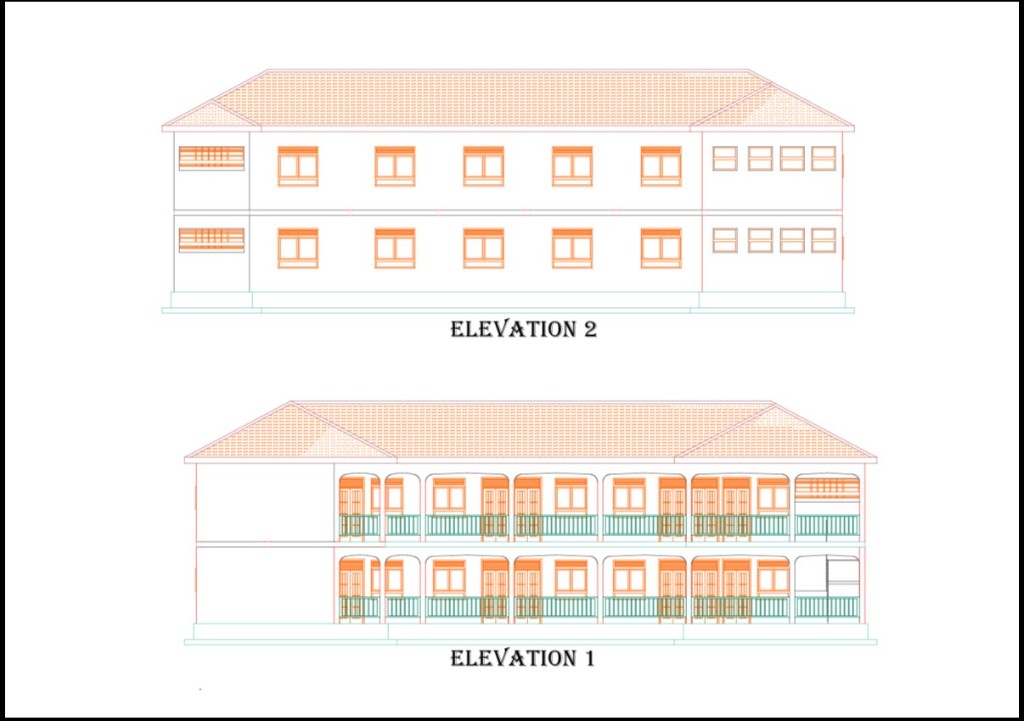 Elevation drawings of the Kutoa school — two stories, tiled roof, open corridors